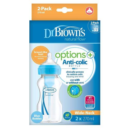 Dr.Brown's - Μπιμπερό πλαστικό Options+ Με Φαρδύ Λαιμό Μπλε 270ml 2 Τεμάχια