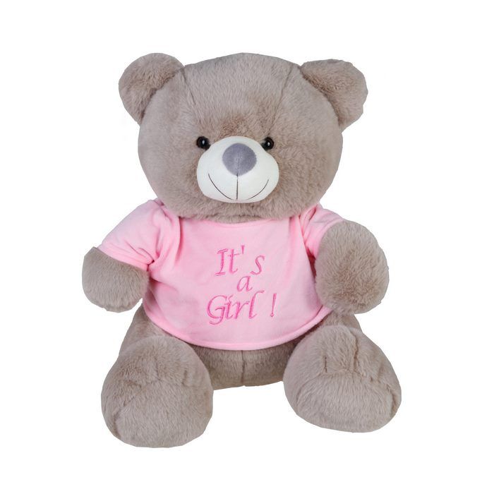 Much toys Αρκουδάκι 40cm Γκρί Μπλούζα Ρόζ ITS A GIRL